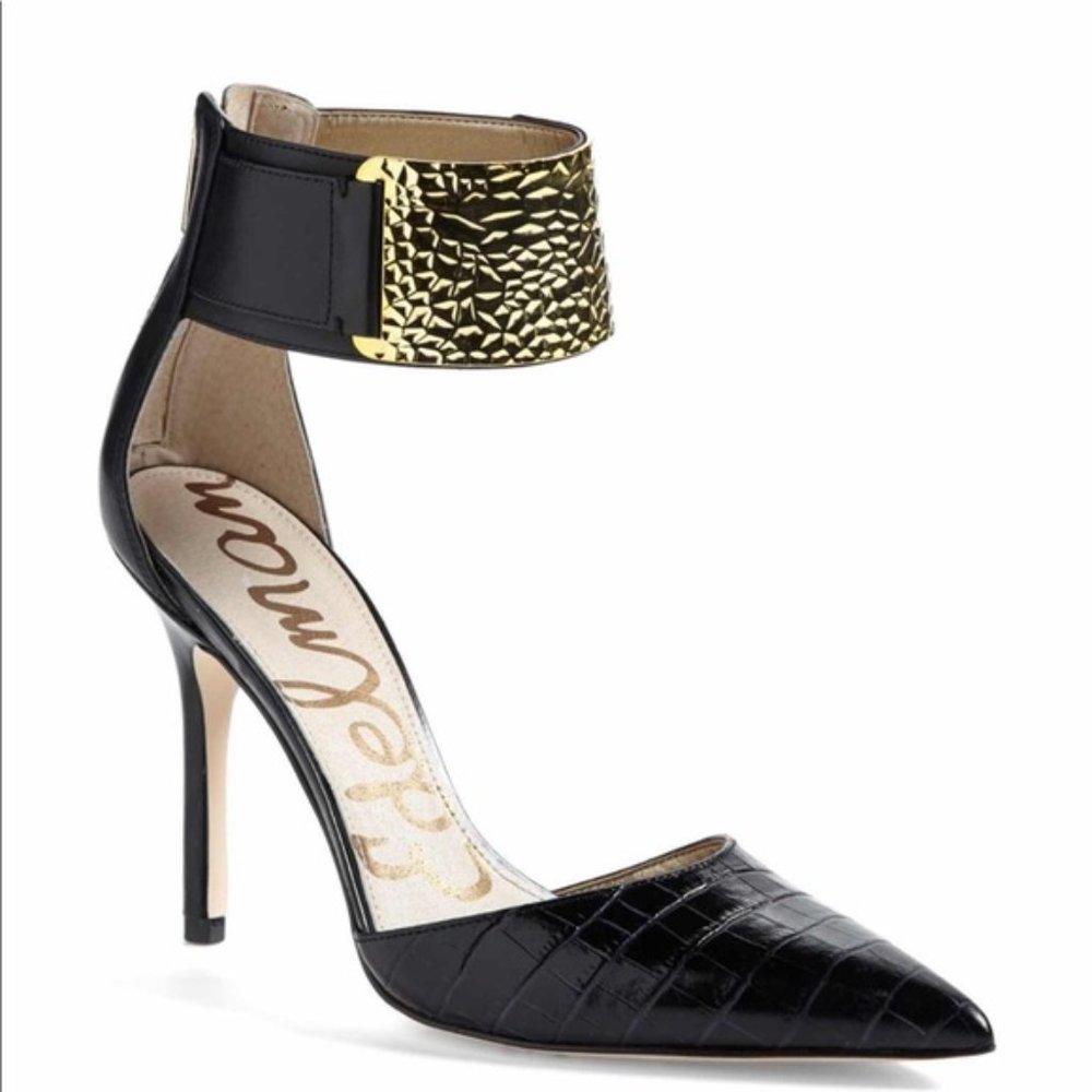 Sam Edelman Dustin Snakeskin Stiletto Heels Ankle Cuff Pumps Black Gold 7